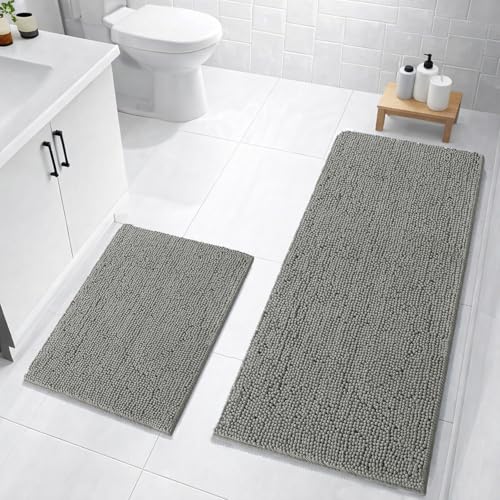 Image of LUXEHOME International Bath Mats for Bathroom Anti Slip Microfiber Chenille Super Absorbent Quick Dry Water Soak Floor Mat for Home Kitchen Door (40x60cm 60x120cm Grey) Pack of 2
