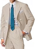 Mrbuerly Mens Summer Seersucker Suit 2 Piece Double Breasted Buckle Striped Tuxedos for Men Wedding Suits Beach Party Khaki L