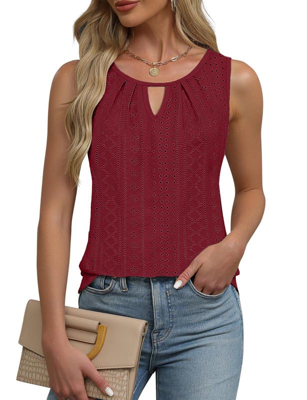 Sukuglam Camiseta Sin Mangas Mujer Verano Tank Top Elegante Bordado de Ojales Chaleco Tops Chic Escote de Ojo de Cerradura Camisetas Tirantes Casual Holgada Camisa Blusas Básica Camisole Shirt