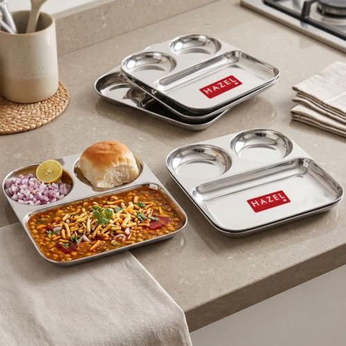 Image of HAZEL 3 Section Plate Stainless Steel Bhojan Thali Set of 6 for Idli Sambar