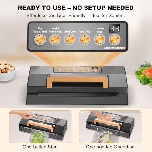 Powerful Suction Vacuum Sealer Machine,Commercial Fully Automatic Food Vacuum Sealer with Double Heat Seal,Dry & Moist Modes,Built-in Cutter,Bags Storage,Easy-Lock Handle,Include 2 Bag Rolls (Black)
