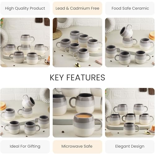 Image of The Earth Store Tritone Grey Ovule Shape Cup Set of 6 for Tea, Microwave and Dishwasher Safe, Perfect for Every Occasion Capacity - 190 ml Each