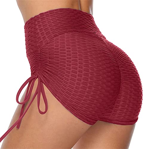 DABAOK Pantalones cortos de yoga atléticos para mujer, con fruncidos, levantamiento de glúteos, entrenamiento, correr, pantalones cortos de yoga de algodón plegables, rosso, S