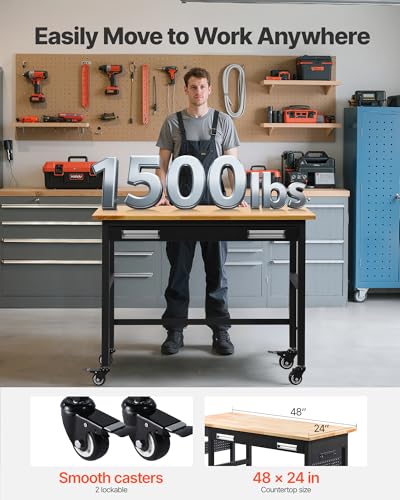 Image of VEVOR Workbench, 48-inch Garage Workbench with Drawer Storage & Wheels, 1500 lbs Load Capacity Workshop Bench on Wheels, Heavy Duty Oak Wood Top Work Table for Garage, Workshop, Office, and Home