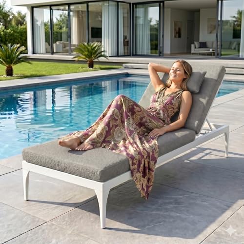 Image of BRISHI Outdoor Swimming Poolside Lounger Beach Sunbathing Lawn Patio Chaise Lounge Sun Lounger Chair Adjustable Backrest (White /Grey)