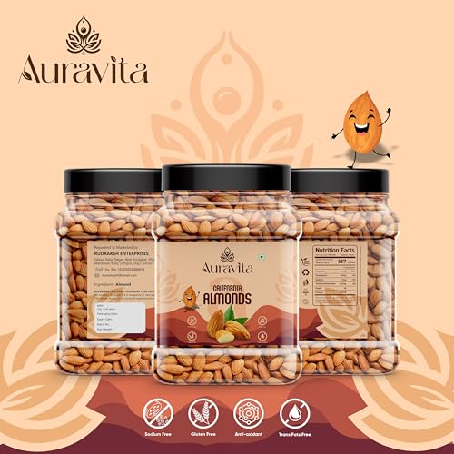 Image of Auravita California Almonds 500gm | Crunchy & Healthy Dry Fruit, Premium Badam Giti for Daily Nutrition | Healthy Diet Snacking Resealable Jar Pack