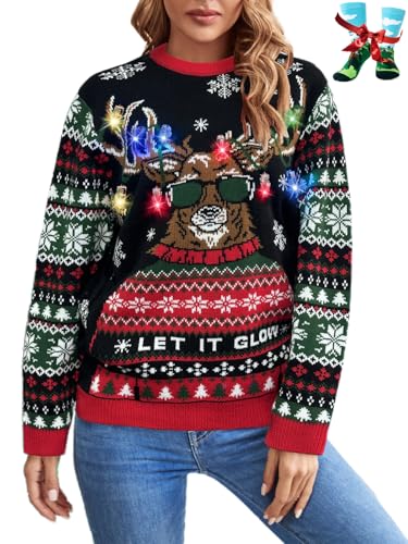Image of Ugly Christmas Sweater for Women Funny Crewneck Knit Christmas Sweater for Family Pullover Long Sleeve Top
