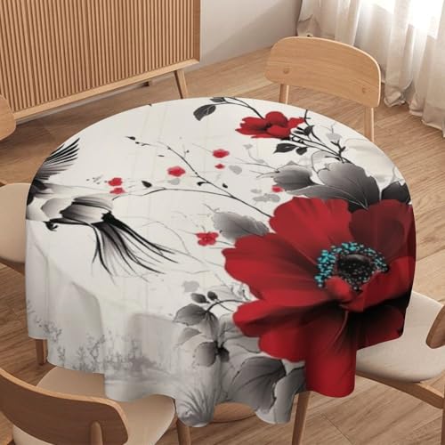 asbwuo Mantel Redondo con diseño de Hojas y Flores Naturales, Lavable, Color Rojo, Ideal para Cocina, Comedor, Exteriores y decoración navideña. 91 cm (36 Pulgadas).