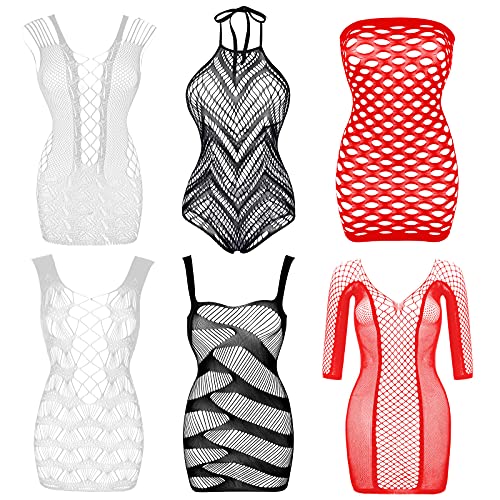 Damen Spitze Strümpfe Dessous Floral Fischnetz Bodys Dessous Nachtwäsche für Romantisches Date tragen, 6 Stück: schwarz + rot + weiß, Mittel Cover