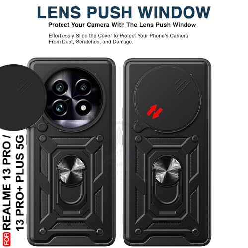 Image of AESTMO Tough Armor Realme 13 Pro / 13 Pro Plus 5G Bumper Back Case Cover | Ring Holder & Sliding Camera Shield Cover | 360 Degree Protection Back Case Cover for Realme 13 Pro / 13 Pro Plus 5G (Black)