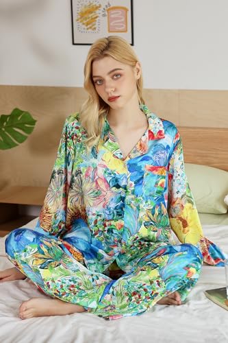 Image of YiNi LuLu Womens Silk Satin Pajamas Set Button Down 2 Piece Pjs Long Sleeve Oversized Sleepwear with Pockets