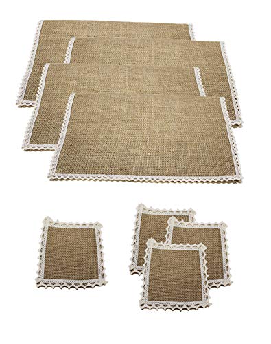 FiveRen Jute Burlap Placemats and Coaster Set of 4 Water-Proof Farmhouse Rustic Table Mat for Weddings Parties BBQ's Christmas Special Occasions Holidays Table Decor