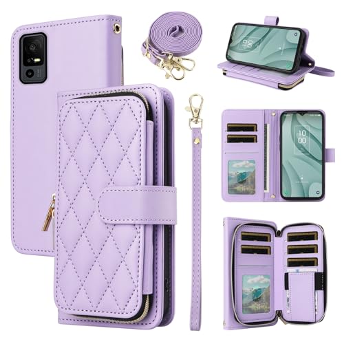 Argyle Wallet Case for TCL 40 XL/40T 2023 with Wrist Strap Shoulder Strap, 9+ Card Slots Zipper Purse Luxury PU Leather Stand Checkered Phone Cover for TCL40XL 40XL 5G T608M T608DL Purple