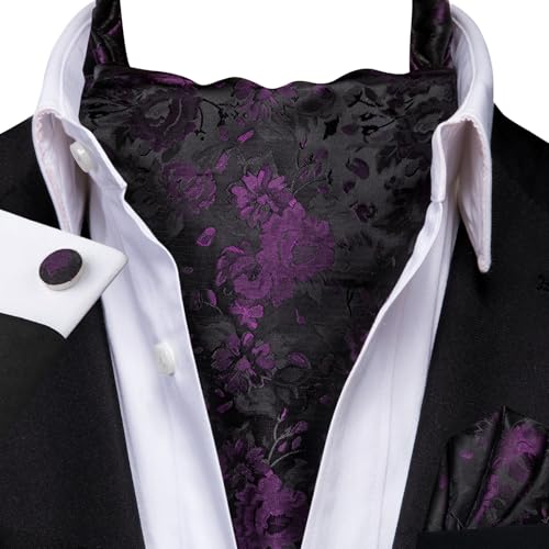 Image of Hi-Tie Silk Ascot for Men Self Tie Men's Cravat and Flower Lapel Pin Handkerchief Cufflinks Set for Wedding Party