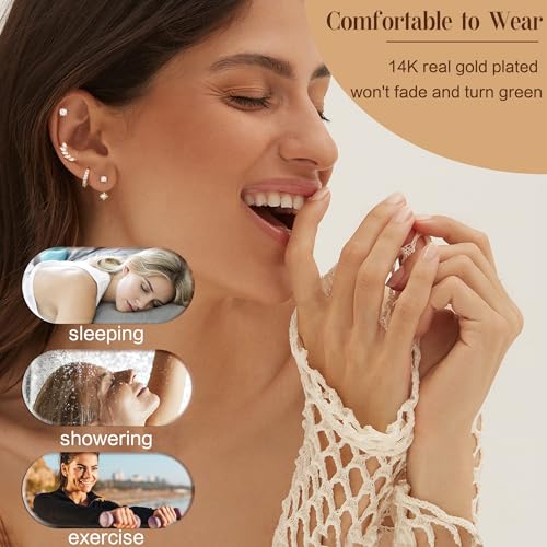 925 Sterling Silver Earrings for Women Trendy - 14K Gold Plated Earrings Set for Multiple Piercing Hypoallergenic Earrings Stacks for Sensitive Ears Dainty Gold Cartilage Earring Studs Pack Small Tragus Helix Cartilage Piercing Jewelry3
