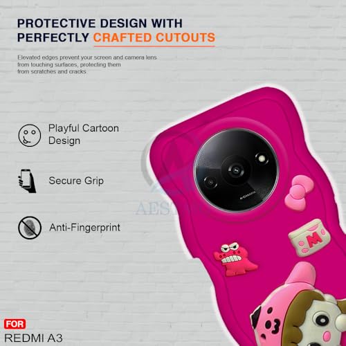 Image of AESTMO Back Case Cover for Redmi A3 | 3D Cute Fun Cartoon Characters | Anti Slip Grip Cute Wave Curly Frame Shape | Full Body Protection Back Cover for Redmi A3 |(Pink)