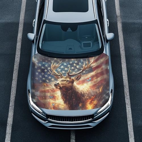 Image of 39x59 Inch American Flag Deer Design Cover for Car Hood, Elastic Polyester Waterproof Car Hood Cover Universal Car Exterior Accessories Easy Install for Car Hood Protection