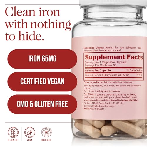 Image of Naked Iron 65mg, 325mg Ferrous Bisglycinate - High Potency Iron Supplement for Iron Deficiency, Cellular Energy Support, Promotes Healthy Red Blood Cell Production, Non-GMO, Gluten-Free, 60 Capsules