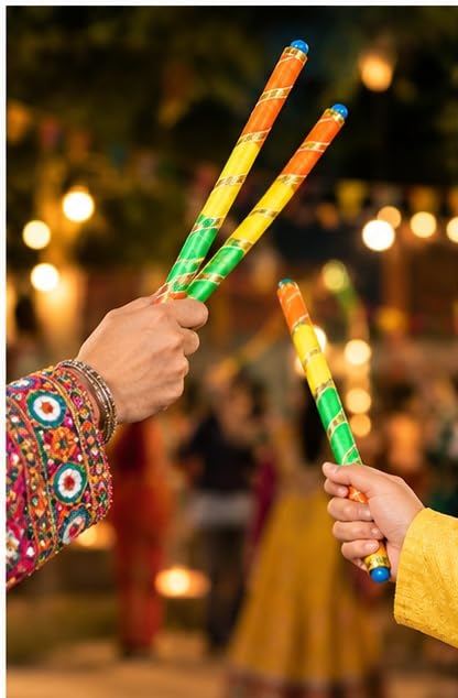 Image of Green & White Floral Dandiya Sticks with Elegant Golden Detailing / ( Pack of 4 Pairs ) Traditional Garba Raas Accessories for Navratri Dance, Dandiya Night & Festive Celebrations / Color May Varies / Pack of 4 Pairs