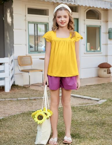 Image of Arshiner Girls Shirts Short Sleeve Square Neck Summer Lace Openwork Pleated Tops Blouse Tunic