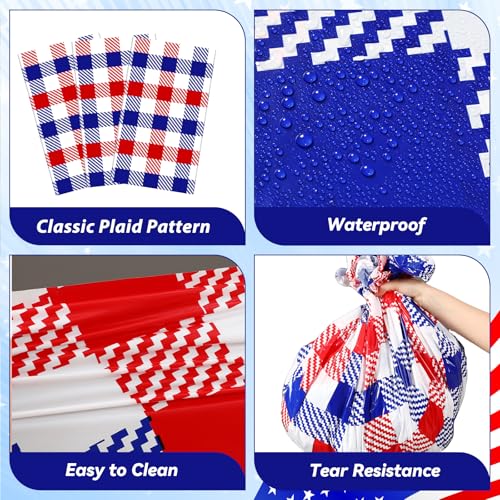 Image of 3 Pcs Disposable Round Patriotic Tablecloth 4th of July 84 Inch Plastic Tablecloth Red White and Blue Buffalo Plaid Memorial Day Table Cover for Independence Day Dinner Party