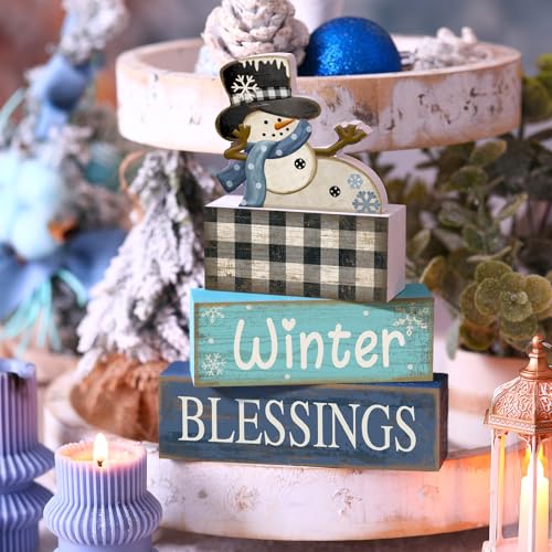 Image of Moucuny 4 Pcs Winter Table Decorations Playful Snowman Decor Indoor Winter Tiered Tray Decor Rustic Wooden Decorative Snowman Block Sign Gift Snowflake Centerpiece Farmhouse for Home Kitchen