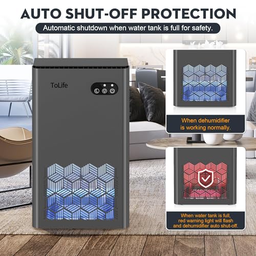 ToLife Dehumidifier for Home 95 OZ Water Tank, 1000 sq.ft Dehumidifiers for Basement Bedroom Bathroom with Auto Shut Off 7 Colors LED Light, Grey by ToLife - Image 6