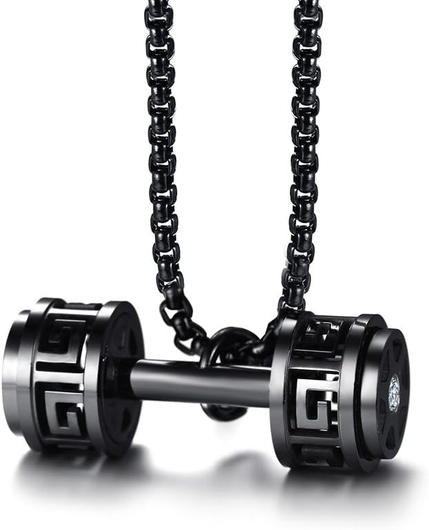 XUANPAI Men's Stainless Steel Hollow Fitness Gym Barbell Dumbbell Pendant Necklace Chain 24" black