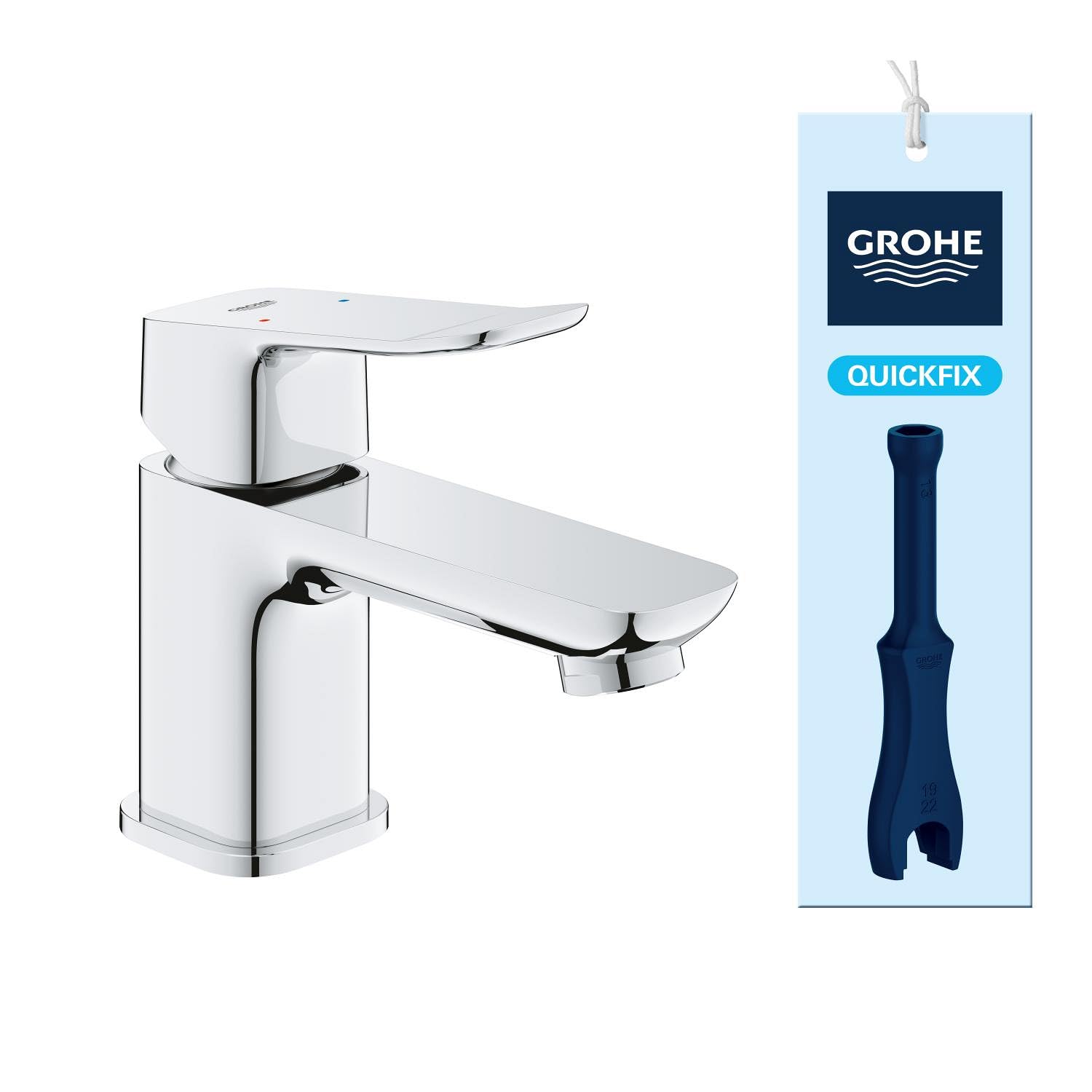 GROHE Dice – Smooth Body Basin Mixer Tap (XS-Size, 28 mm Ceramic Cartridge, Water Saving, Tails 3/8 Inch, QuickTool Included), Chrome, 1018550000