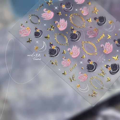 Image of Swan Nail Art Sticker Decals Black Pink Nails Decals with Golden Border Design Small Gold Butterfly Nails Stickers for Women Girls 5D Embossed Self Adhesive Manicure Charms DIY Decoration