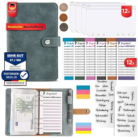 Budget Planner Deutsch - Budget Binder A6 Geldplaner Mappe Ideal für Geld Sparen und Spar Challenge als Sparbuch mit Folien - Cash Stuffing Deutsch Set. Buget Planer Set Deutsch (Hell Blau) Cover