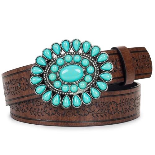 IZUS Vintage Western-Cowboy-Belt with Turquoise-Buckle for Women Embossed-Strap Cowgirl-Waist-Belt for Country Jeans