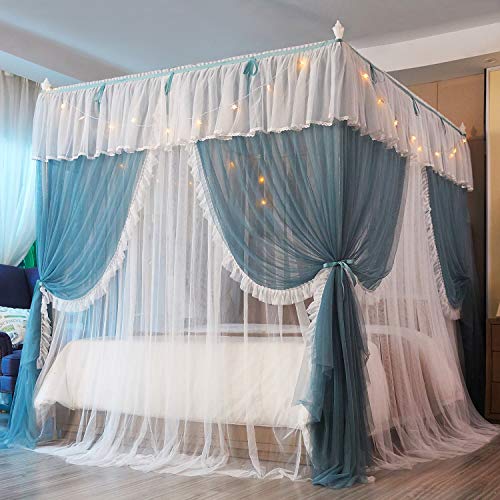 Mengersi 4 Corners Post Canopy Bed Curtain with Lights-4 Opening Mosquito Net- Bed Drapes Princess Bedroom Decoration Accessories Girls Adults (Full, Blue and White)