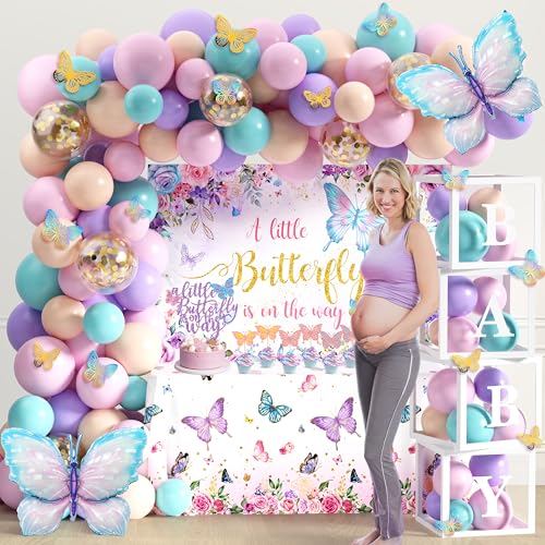 Image of TREWAVE Butterfly Baby Shower Decorations for Girls A Little Butterfly Is On The Way Party Backdrop Butterfly Cake Toppers Stickers Pink Purple Balloons Baby Boxes for Girl Birthday Baby Shower Decor