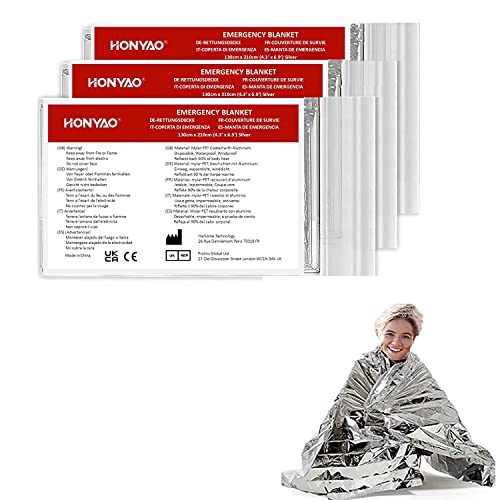 HONYAO Emergency Blankets 3pcs, Foil Blankets Gold Silver, Thermal Blanket 210×160 cm, Survival Blankets for Outdoors Survival Hiking Marathons First Aid, Tear Resistant