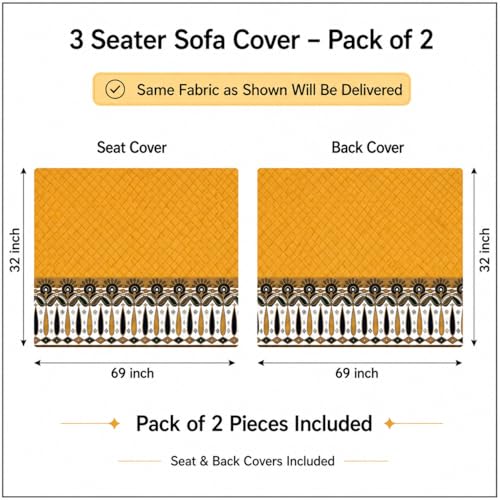 Image of KINGLY Sofa Cover 3 Seater Fully Covered | Stretchable Anti-Slip Slipcover | Washable Furniture Protector | Mustard Yellow | Set of 2 | Seat & Back |
