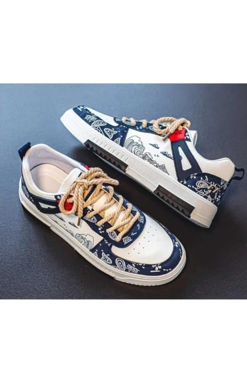 Image of azalya Artistic Wave Print Sneakers, Black and White, Platform Style with Orange Accents Korean Retro Style Comfortable Printed Sneaker Shoes for Men.
