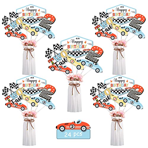Vintage Race Car Birthday Decorations - 24pcs Two Fast Centerpieces, Retro Car Centerpiece Sticks Table Decoration, Let's Go Racing 2nd Party Supplies for Boys