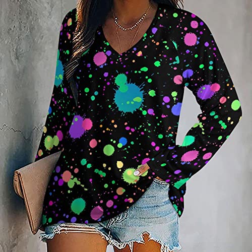 Glow in Dark Splatter Neon Long Sleeve Shirts for Women Fashion V Neck T-Shirt Women's Fall Tops2