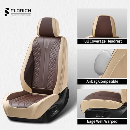 Image of FLORICH Front Seat Covers 2 Pieces Universal Seat Cover for Cars Breathable Leather Waterproof Car Seat Cover Driver Seat Cover Automotive Car Seat Cushion Fit for Most Cars SUV Trucks, Beige&Coffee