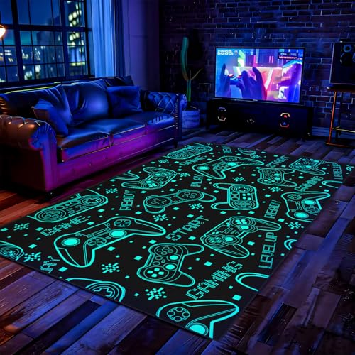 Auetwyona 4x6 Gaming Rug for Boys Room - 3D Printed Games Theme Fluorescent Green Gamer Area Rug for Livingroom Teen Boy Gamer Room Rug Decor Video Game Area Carpet for Bedroom Game Room