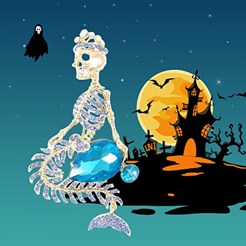 Image of EVER FAITH Women's Austrian Crystal Halloween Mermaid Skull Crown Teardrop Brooch