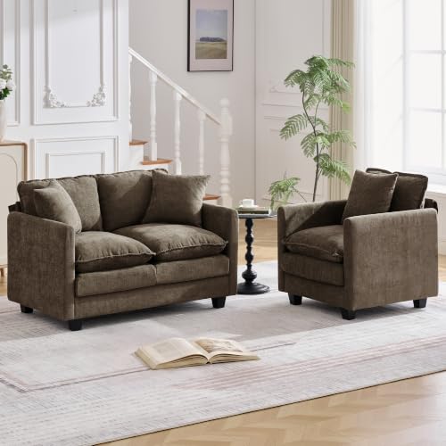 Image of Cloud 2 Pieces Sofa Set, 1+2 Seater Couch, Modern Sofas Sets with Deep Seat, Modular Sectional Couches Sets for Living Room, Bedroom, Small Apartment, Brown