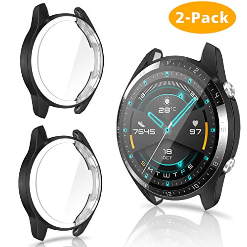 CAVN Compatible with Huawei Watch GT 2 46mm Screen Protector Case, 2 Pack Soft TPU Scratch-Resist Full-Cover Scratch-Proof Protective Bumper Shell Case for Huawei GT 2 Watch (Black & Black)