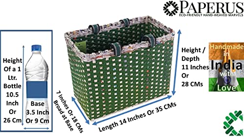 Image of Paperus, Large, Lunch Bag, Picnic Basket, Carry Bag, Handbag, Tiffin Basket for Office; Rectangular, Eco-Friendly, Handmade, of Paper Ropes, in Inch 11 H, 14 L, 7 Wide Base Green