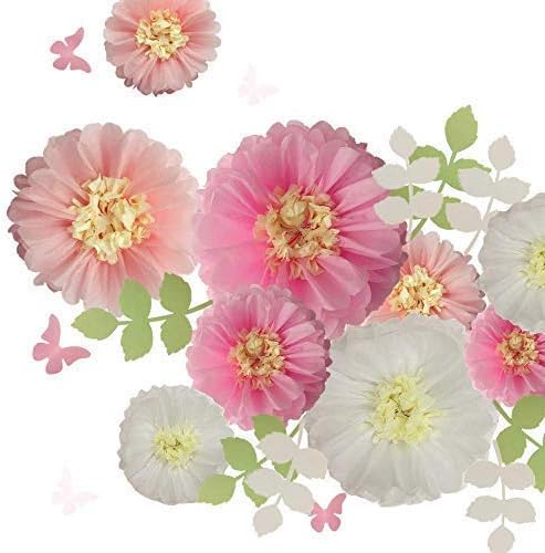 Fonder Mols Tissue Paper Chrysanth Flowers with Butterfly and Olive Leaves for Wedding Baby Shower Nursery Room Parties & Events Decorations Pom Poms (Set of 21, White Pink)