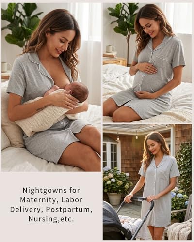 Image of Samring Pajama Nightgown for Women Short Sleeve Button Down Boyfriend Night Gown Nightdress Sleep Shirts