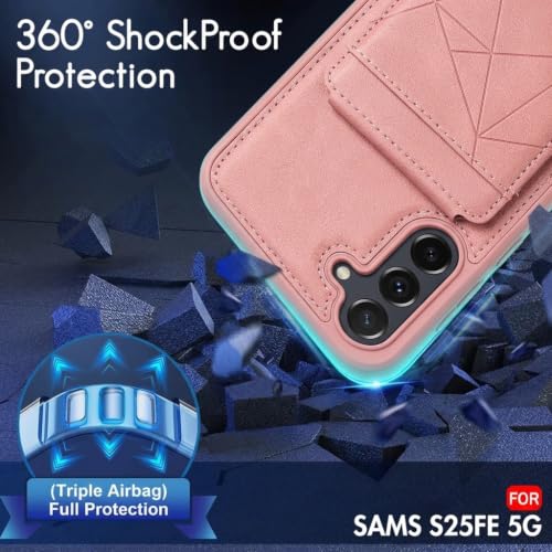 Image of amazon basics Premium Vegan Leather Back Cover with Card Holder and Integrated Mobile Stand for Samsung Galaxy S25FE 5G - Slim Shockproof Wallet Case with Geometric Stitching [Pink]