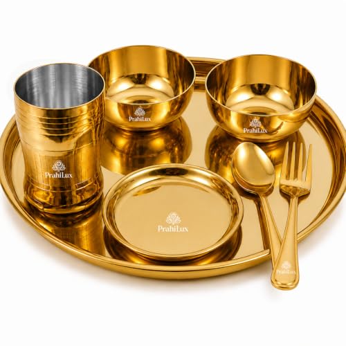 Image of 42 Pcs Stainless Steel Dinner Set Gold PVD with 6 Thali 12 Bowls 6 Halwa Plates 6 Glasses 6 Spoons 6 Forks for Home Dining and Gifting