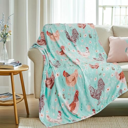 Exacmos Chicken Blanket Gifts 40*50 Flannel Plush Green Floral Daisy Rooster Throw Blankets Chickens Decor Stuff for Women Adults Kids